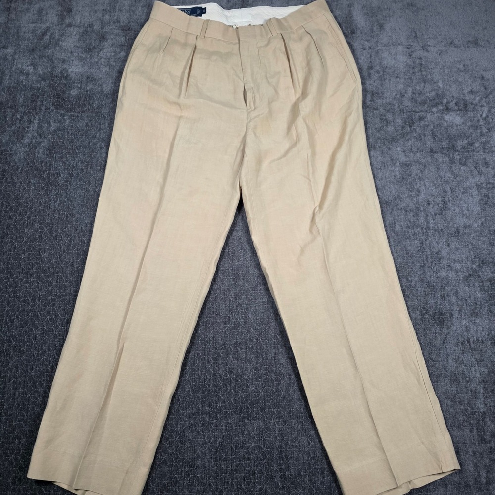 Polo Ralph Lauren Mens 34x28 Linen Silk Pleated Trousers Dress Pants Tan Khaki